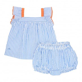 Seersucker striped baby blouse and bloomers set